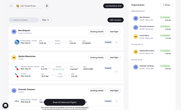 Traveler itinerary and project workflow view in Tripgrid