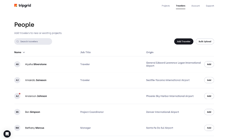 Traveler profile list in Tripgrid