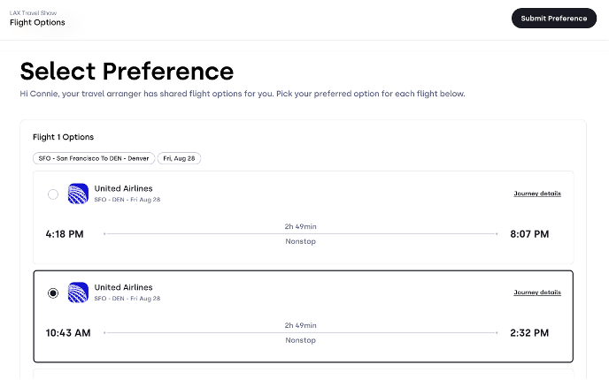 Select Preference flight options screen in Tripgrid